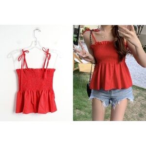NWOT red polka dot spaghetti strap top adjustable stretch peplum crop M medium